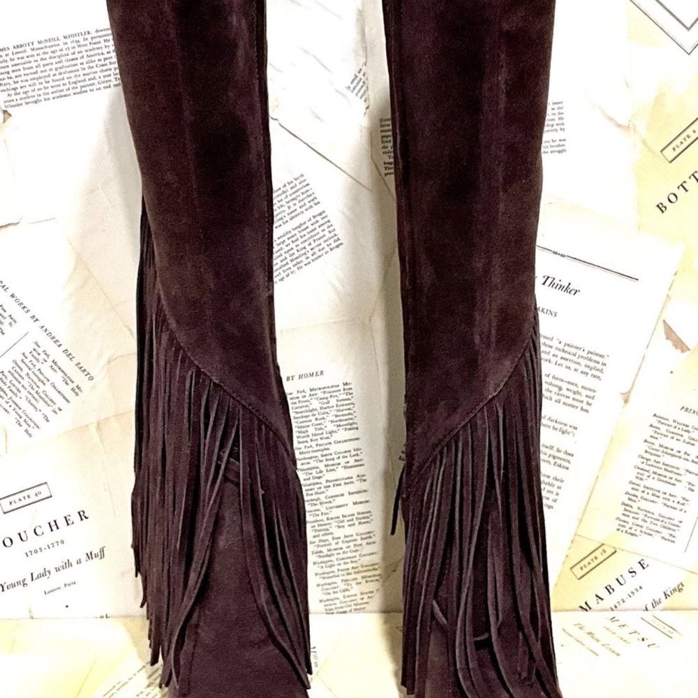 Anthropologie Dolce Vita Giano Suede Fringe Tall Boots Mahogany Brown - Picture 7 of 8
